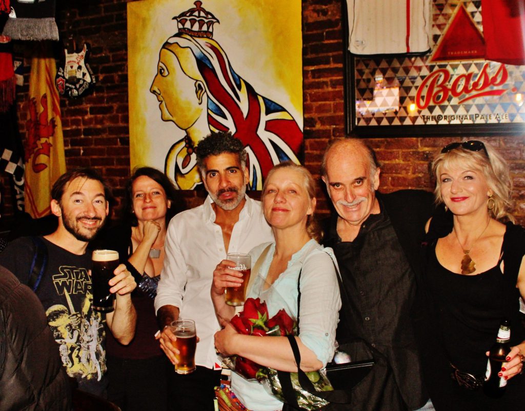 ‘FEAR’ cast members including Nanna Ingvarsson with bouquet, Oscar Ceville, embassy rep Natalia Nagy, Jen Bevan, the fetching Karin Rosnizeck and director Robert McNamara celebrates at opening night After Party @ Queen Vic.